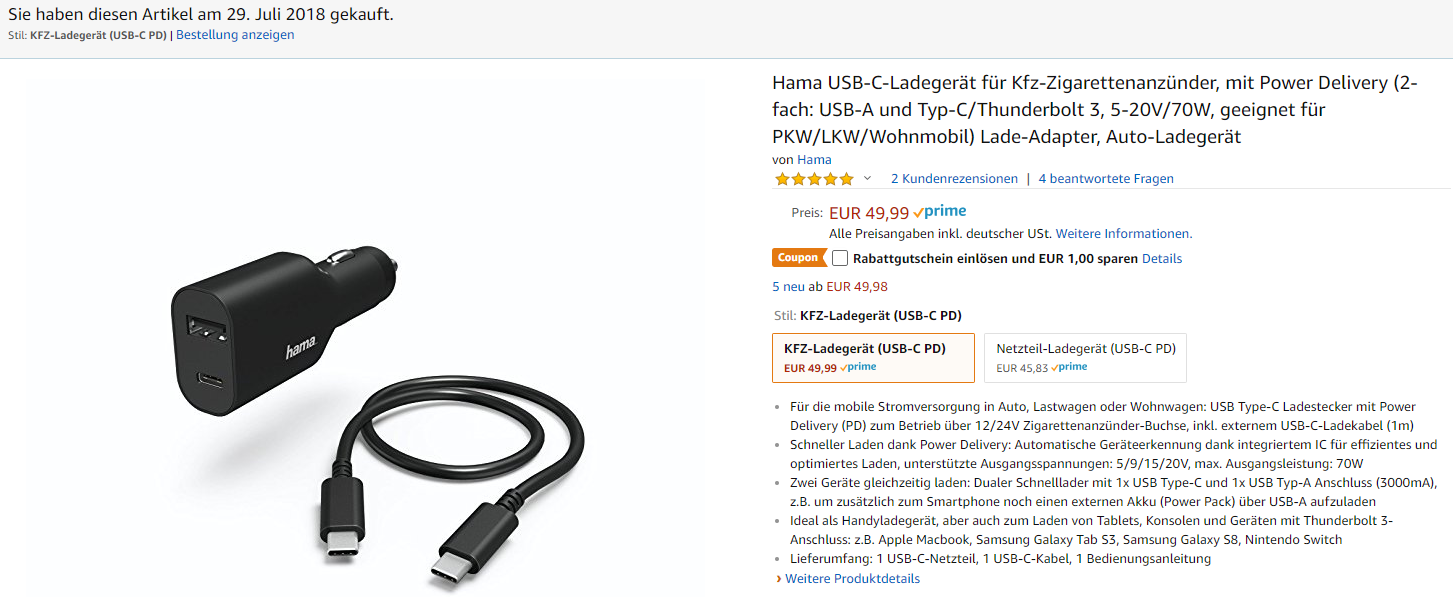 HAMA Kfz Ladegerät (45 W, Zigarettenanzünder, USB Typ-C) günstig